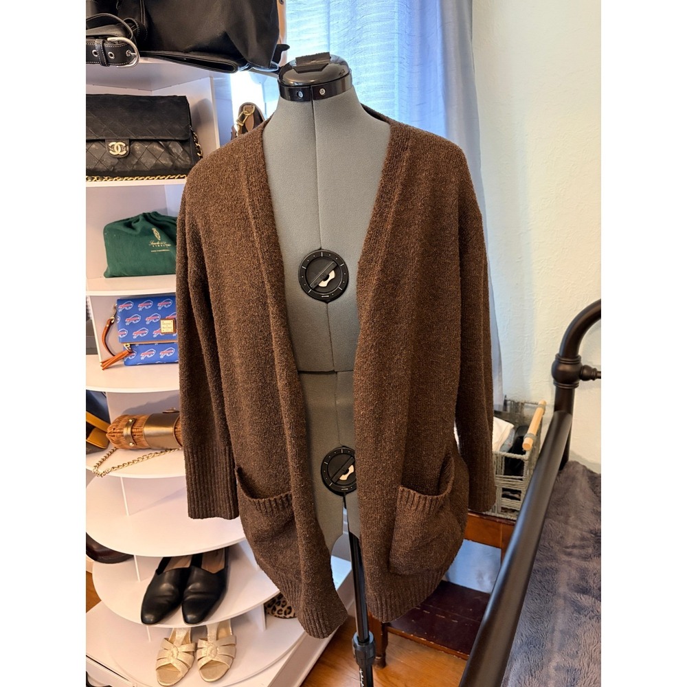 Cielo Cardigan Sweater Size L Brown Open Front Pocket Cottagecore Minimalist